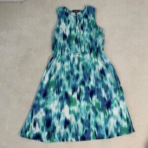 Ellen Tracy Sleeveless Blue & Green Abstract Midi Dress